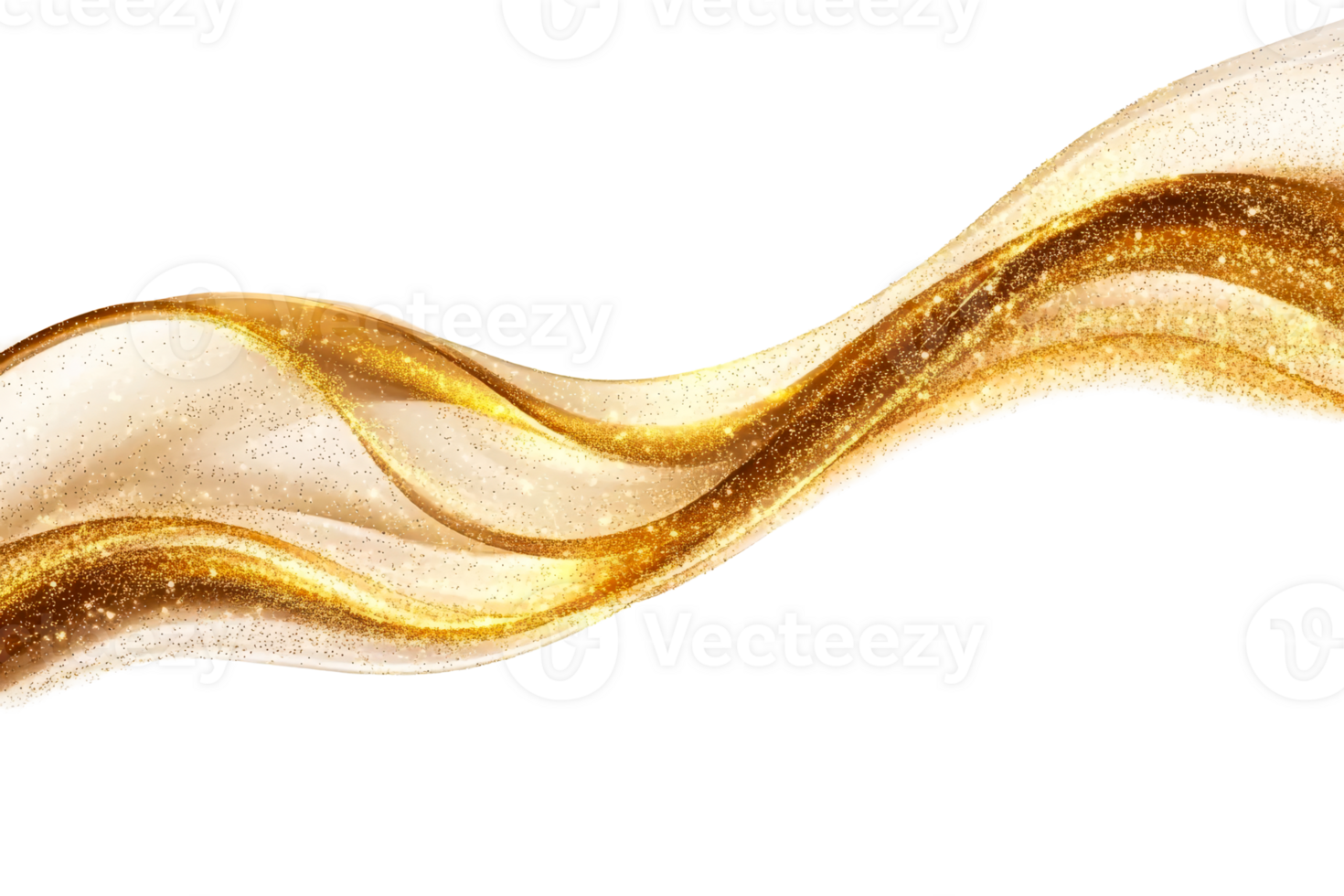 Golden silk wave with glitter effect on black background, cut out transparent png