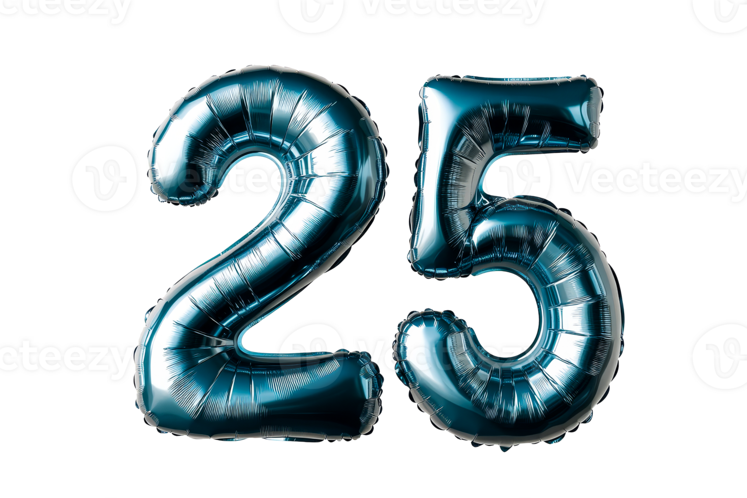 Number 25 metallic balloon font isolated on black background, cut out transparent png