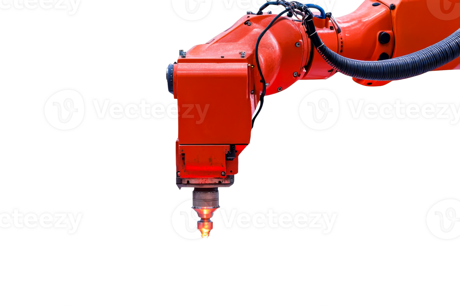 Orange automated arm machinery welding light beam, cut out transparent png