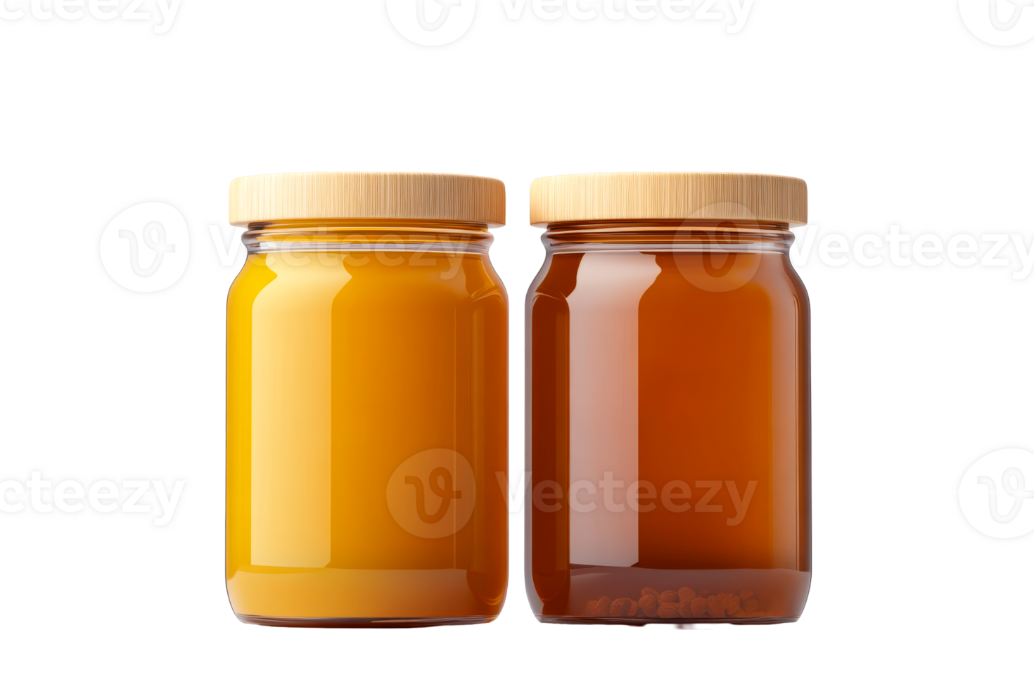 Pair jars honey, light, dark, wooden lid, nutrition, healthy food, cut out transparent png