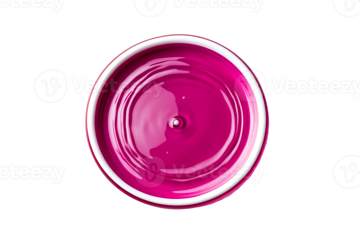 Top down view of pink paint can, swirling liquid, drop detail, cut out transparent png