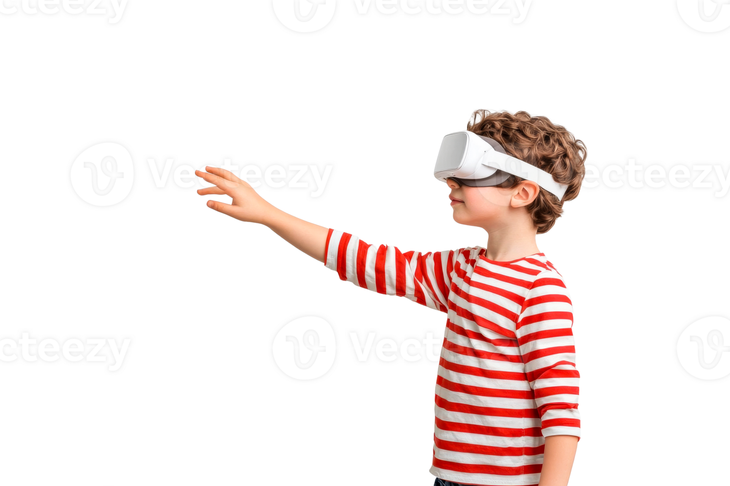 Boy explores virtual reality with headset, interactive gestures, cut out transparent png