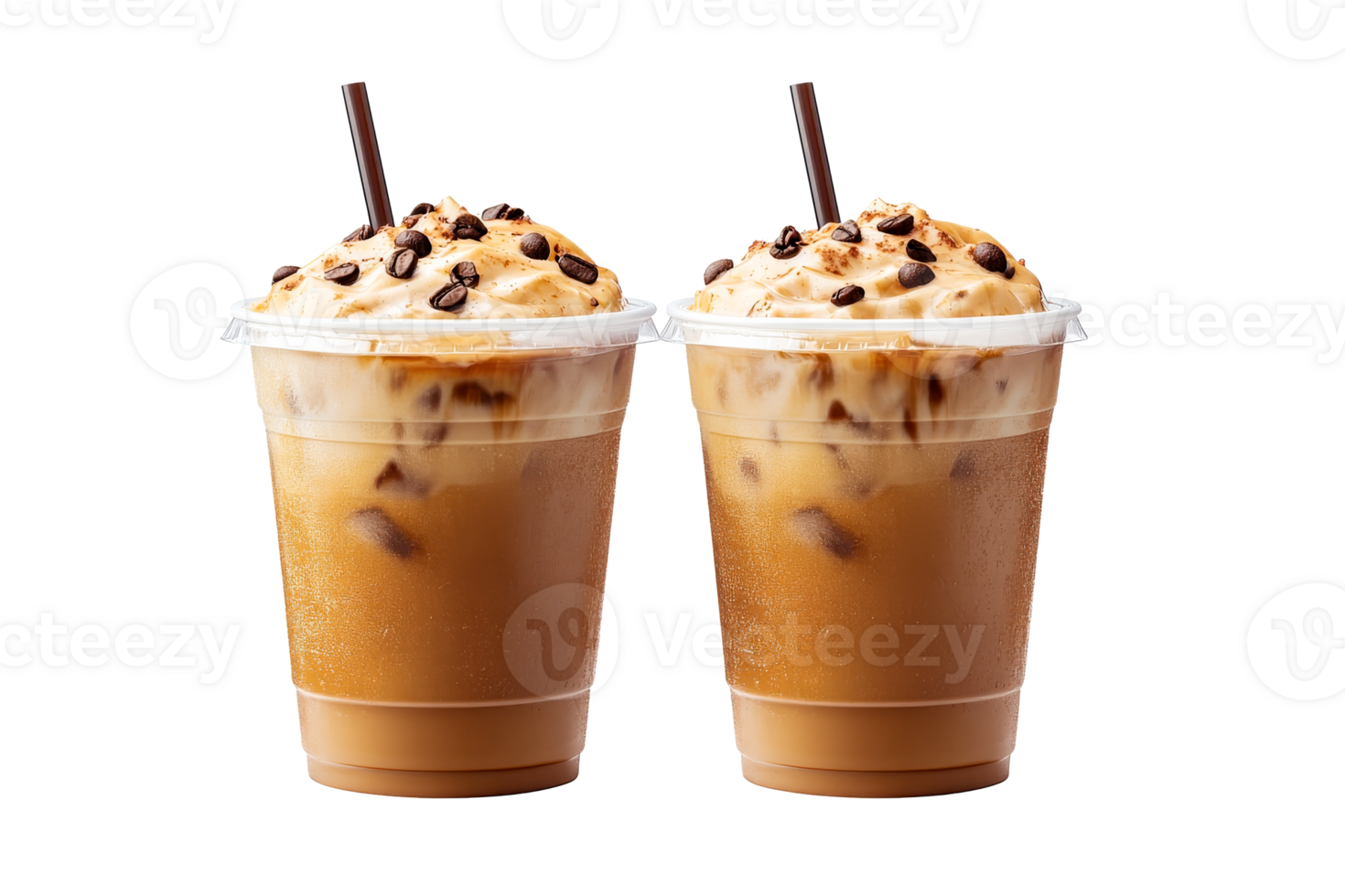 Two iced coffee drinks with whipped cream, cut out transparent png