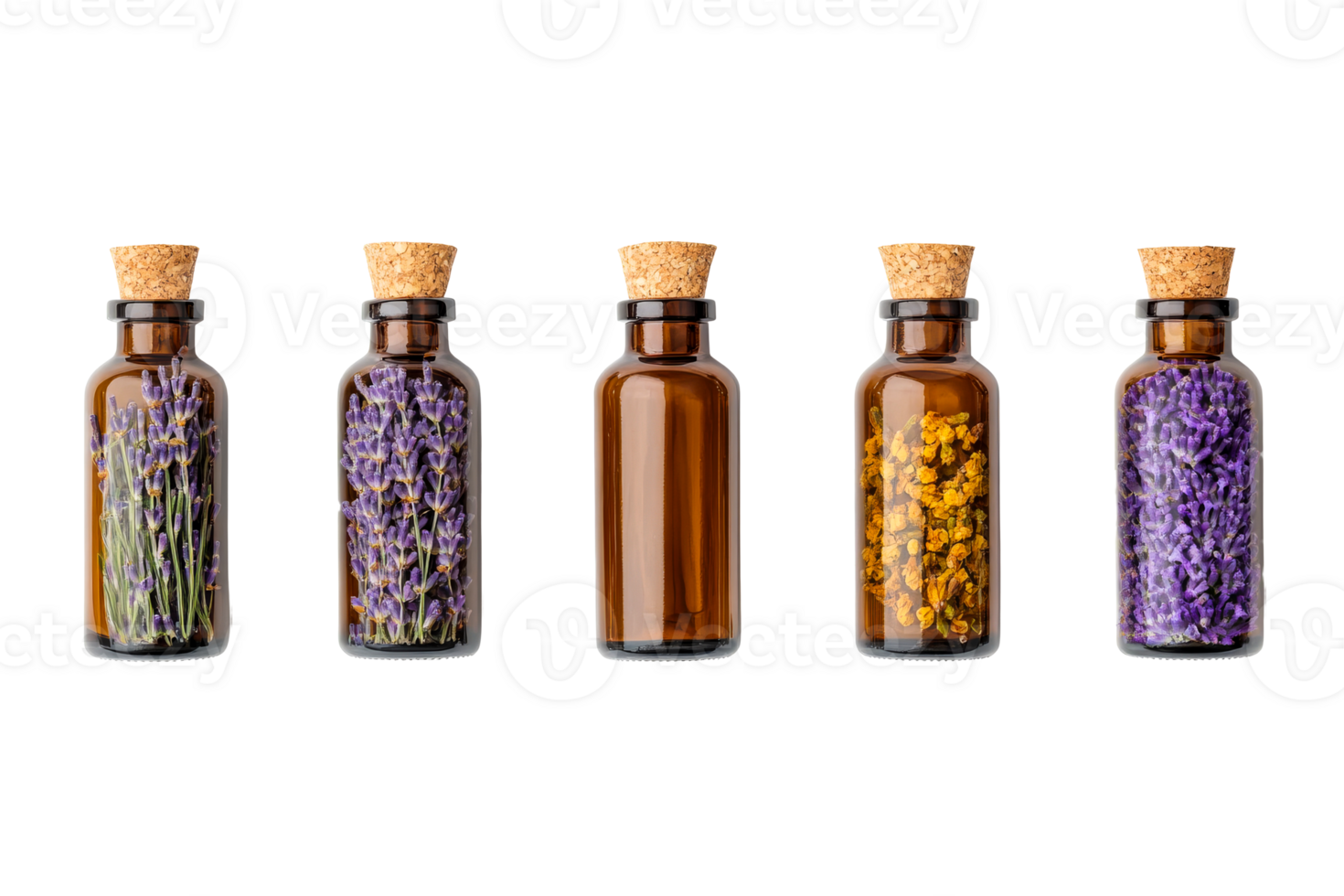 Amber bottles filled with herbs and flowers , cut out transparent png