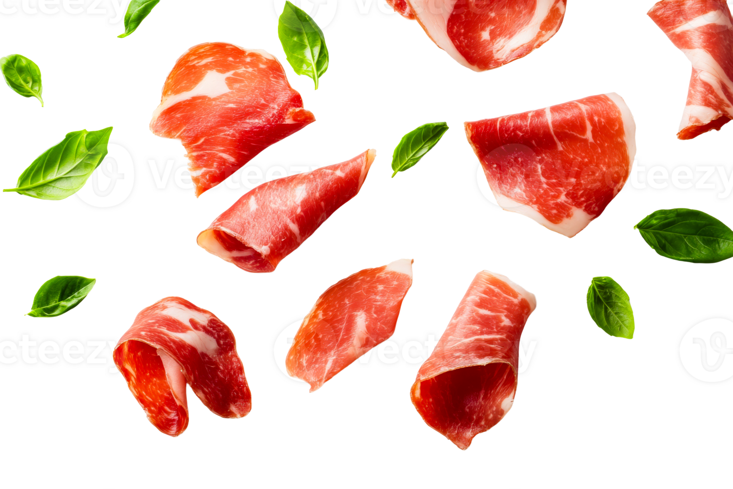 Appetizing Prosciutto and Fresh Basil, cut out transparent png
