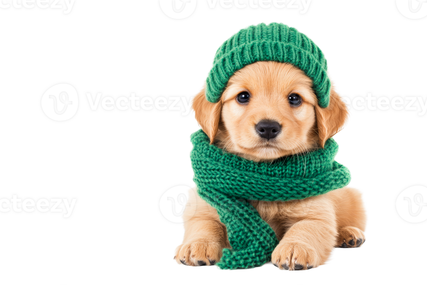 Golden puppy in green hat and scarf, cute portrait, isolated, cut out transparent png