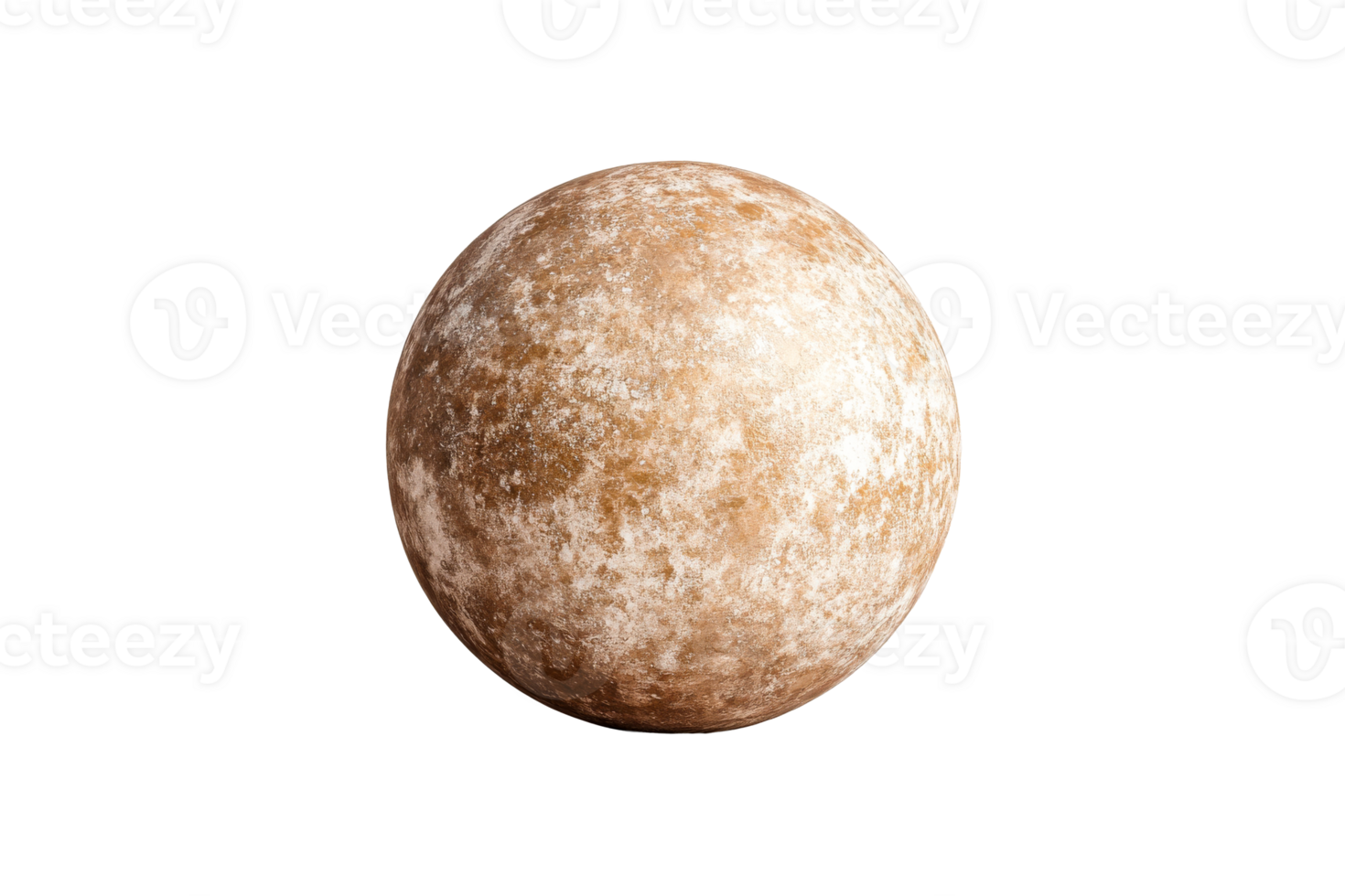 Detailed shot of round weathered planet in golden and white , cut out transparent png