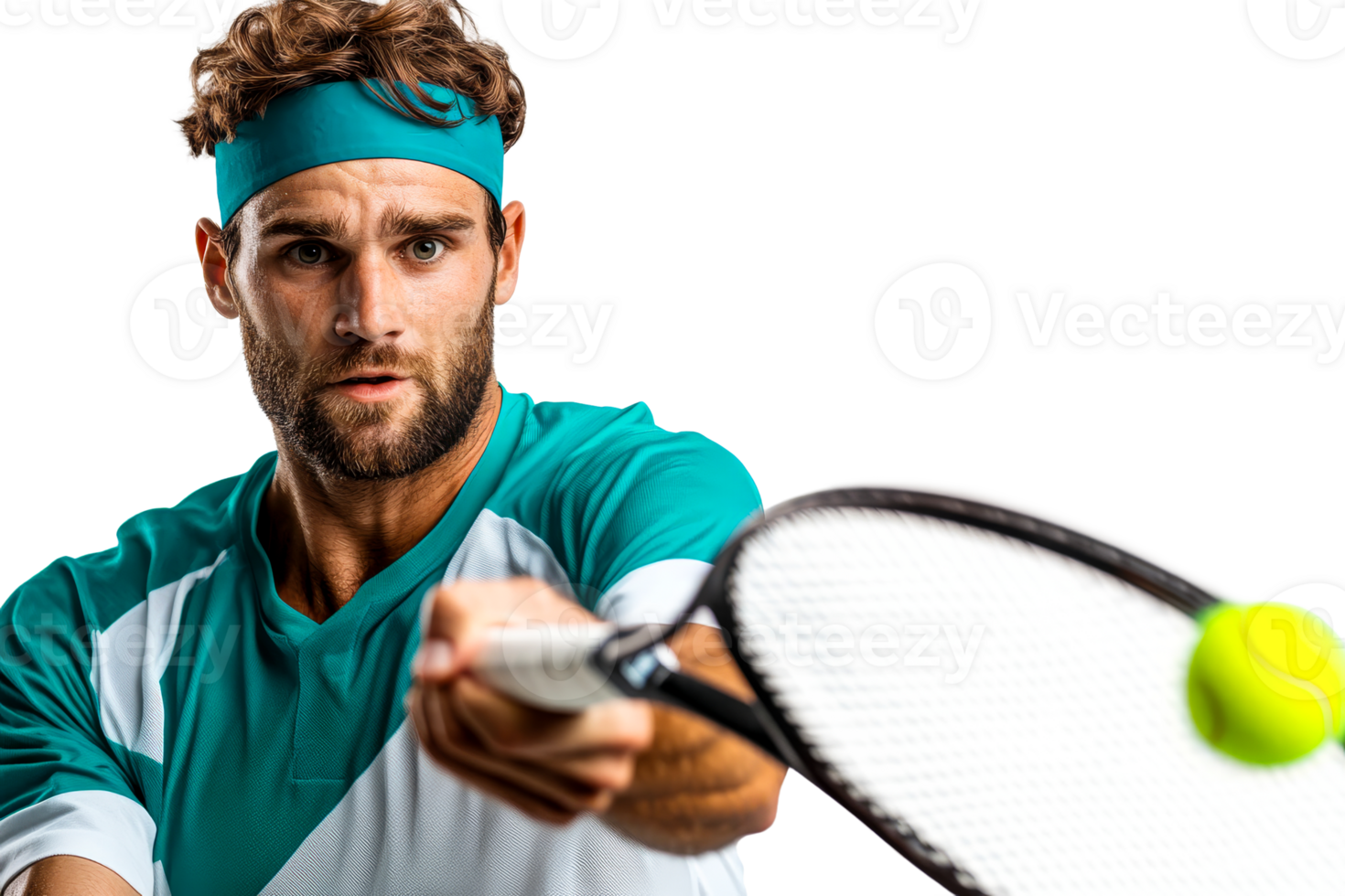 Tennis player with racket and ball in action, cut out transparent png