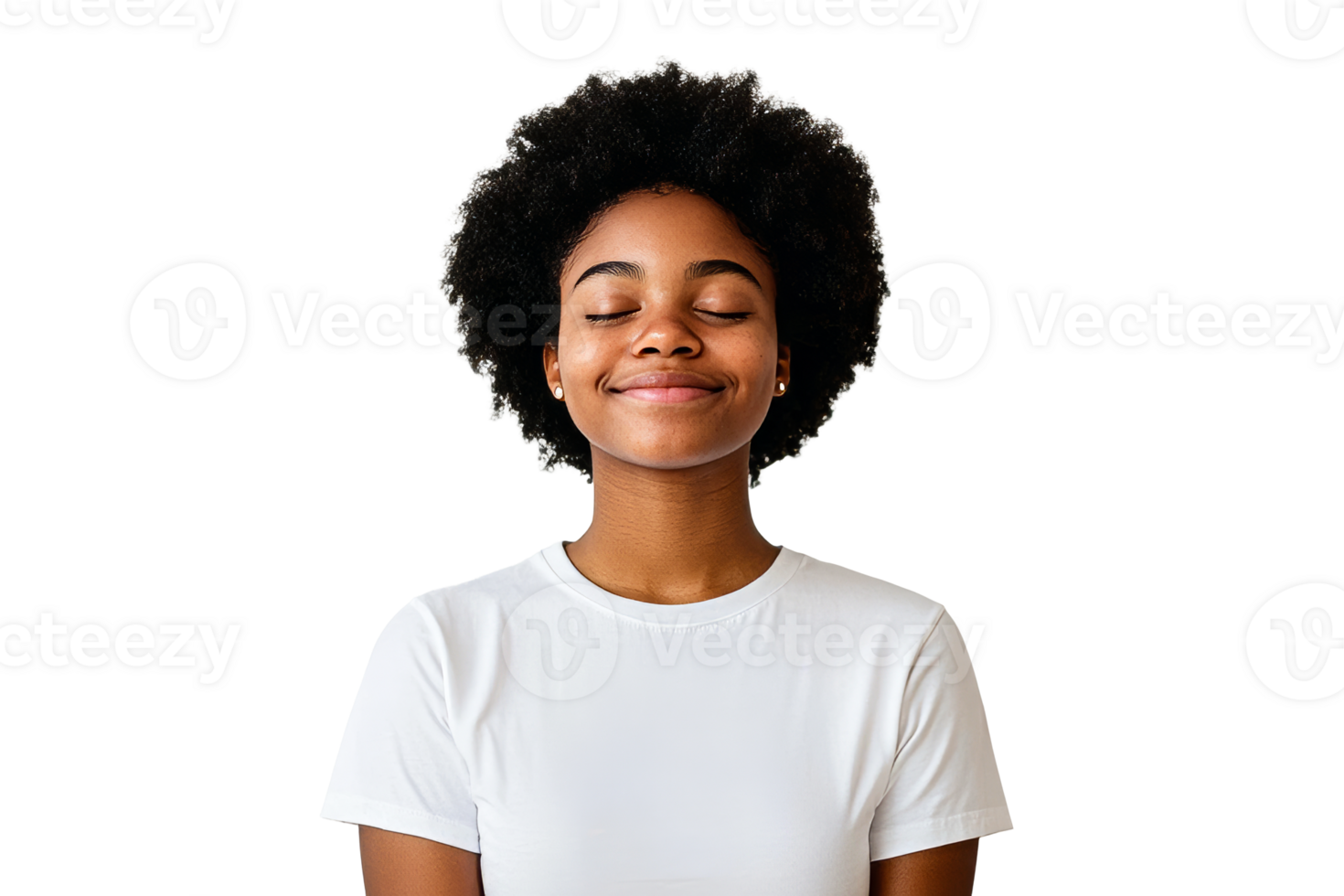 Serene black woman in white tee, peaceful, eyes closed, afro hair, cut out transparent png
