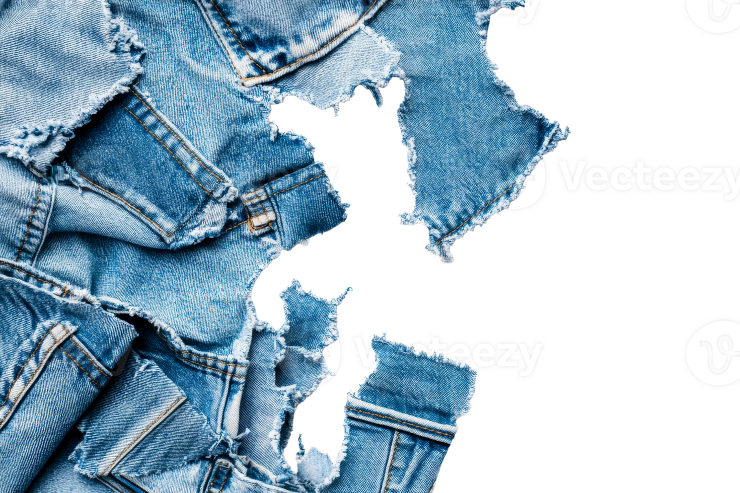 Destroyed denim scraps, textures, pattern, trendy, ripped fabric, cut out transparent png