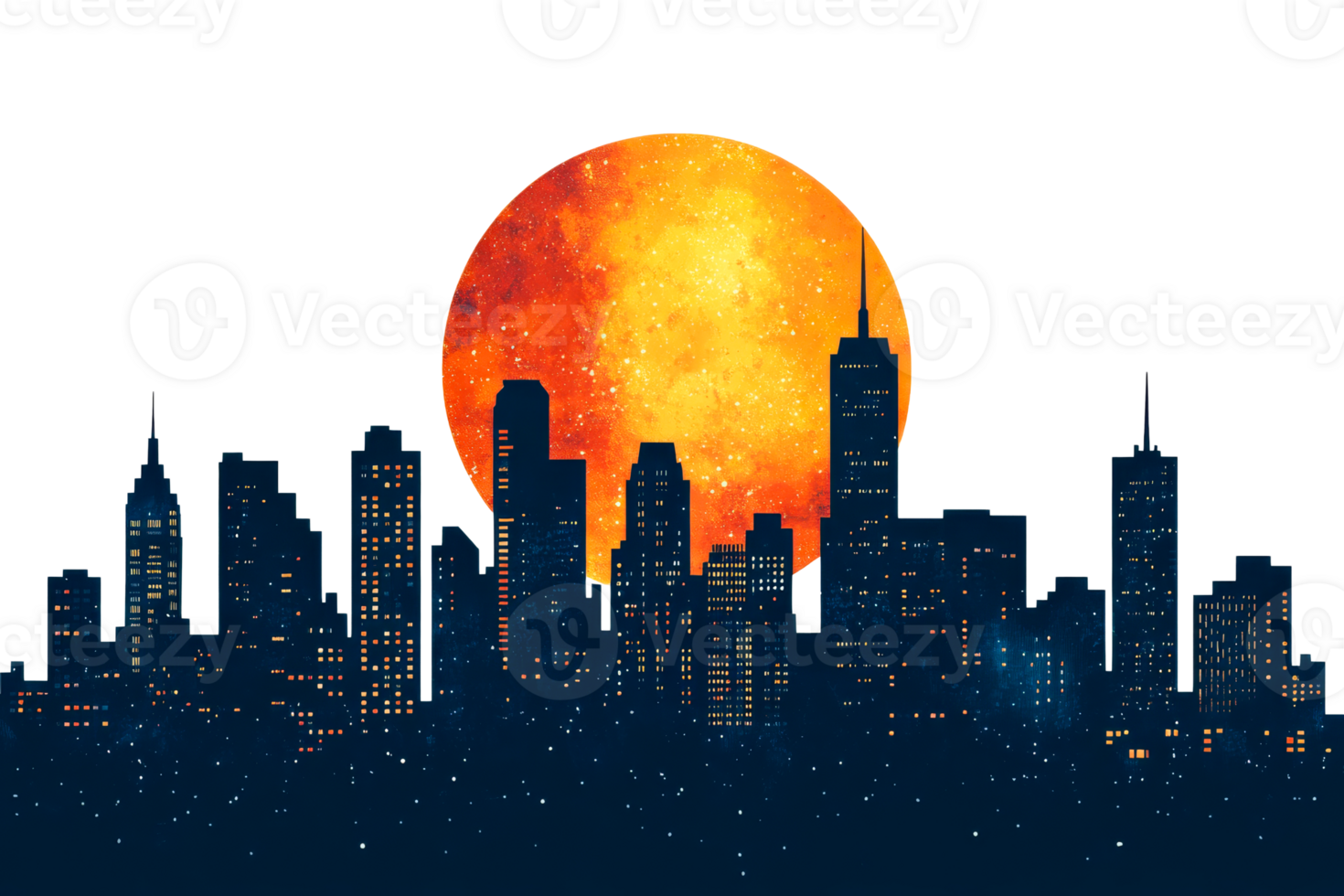 Cityscape Silhouette with an Orange Moon, cut out transparent png