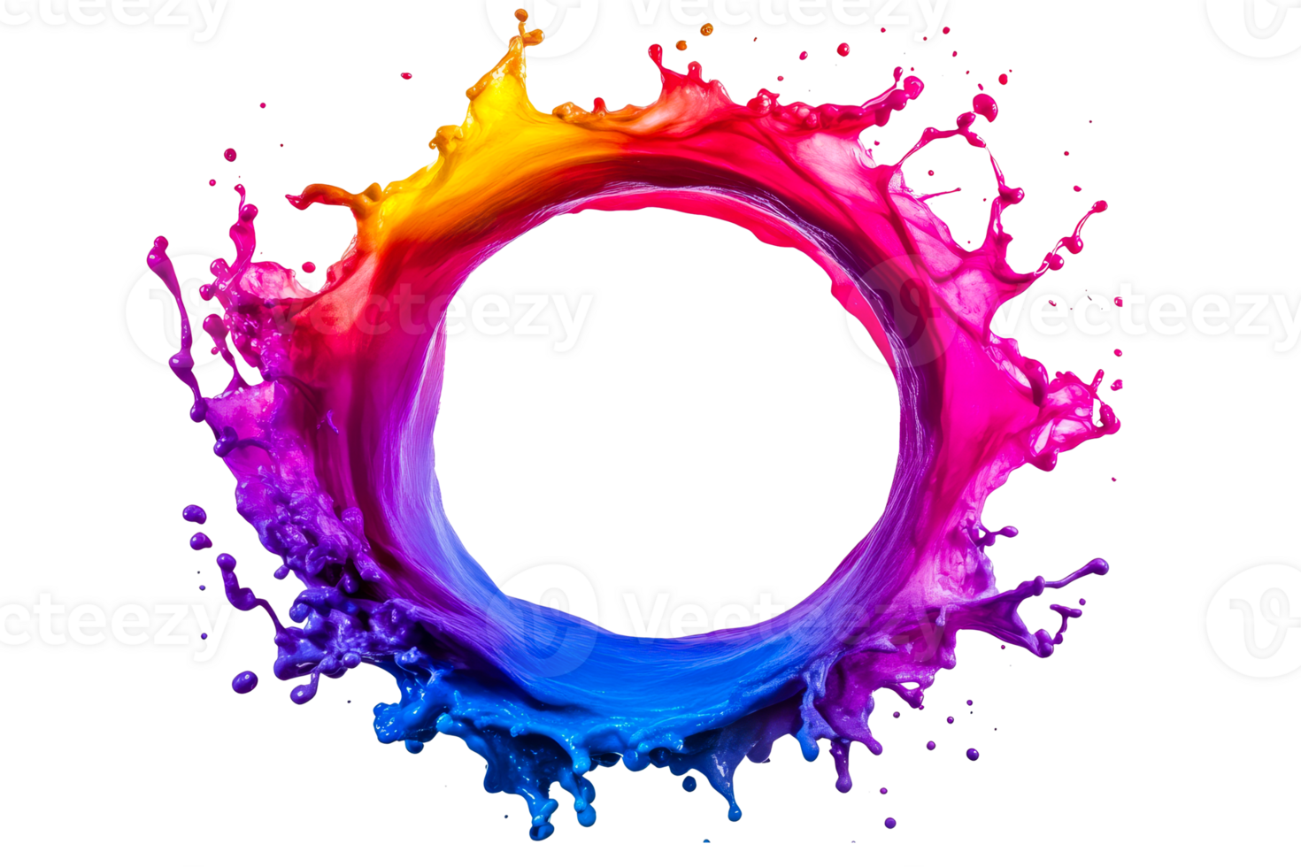 Colorful liquid splash circular frame, dynamic vibrant design, cut out transparent png