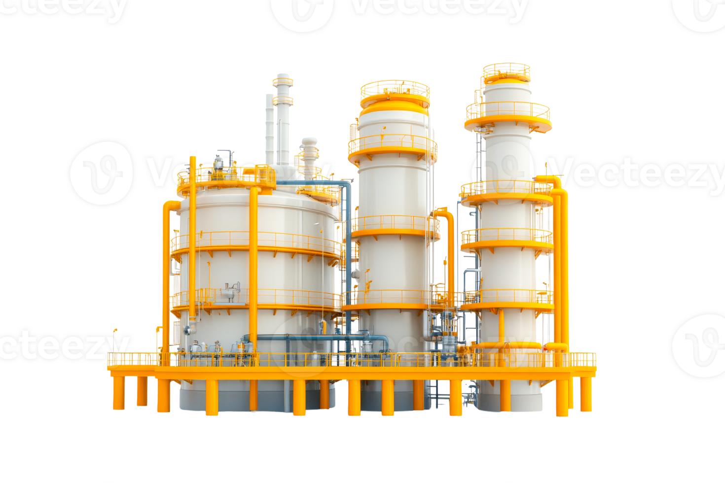 Industrial complex with tanks and pipelines on black, cut out transparent png