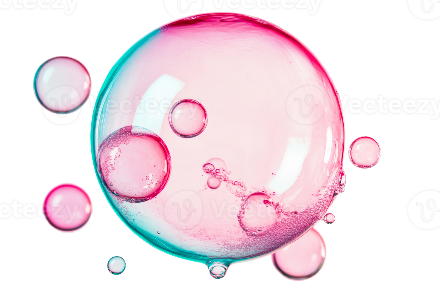 Big pink bubble with colored reflections, liquid form, cut out transparent png