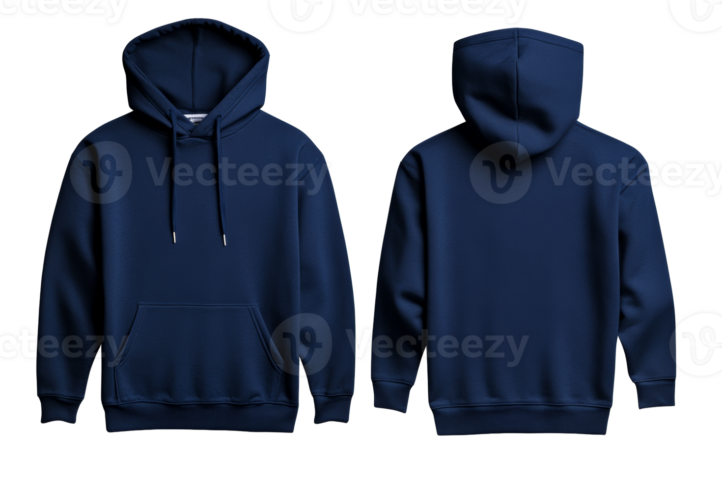 Front and back view of dark blue hoodie, cut out transparent png