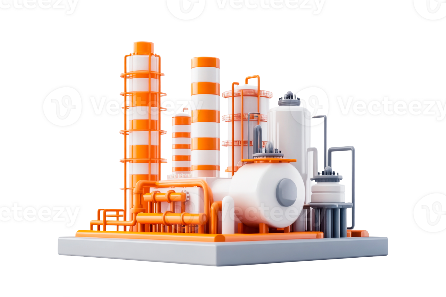 3D refinery model with tanks, pipelines, cut out transparent png