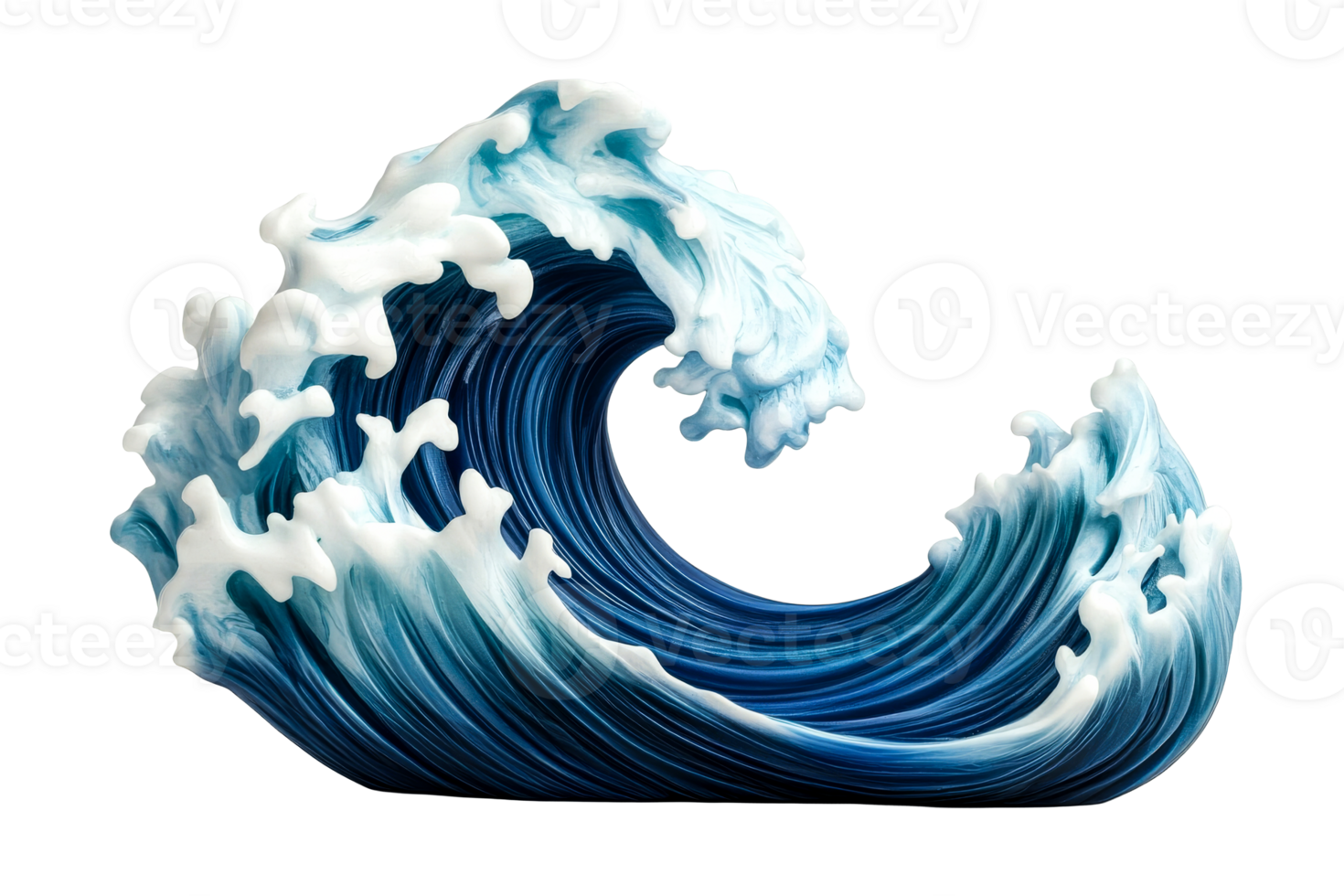 Sculpted ocean wave cresting with foam, detailed carving, cut out transparent png