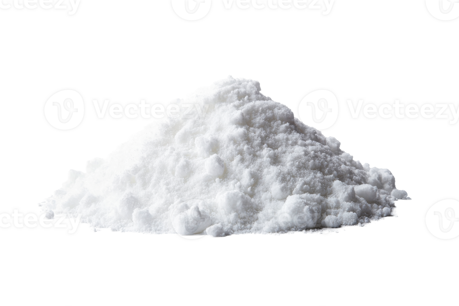 Heap of white powder, pile crystalline substance, isolated against black, cut out transparent png