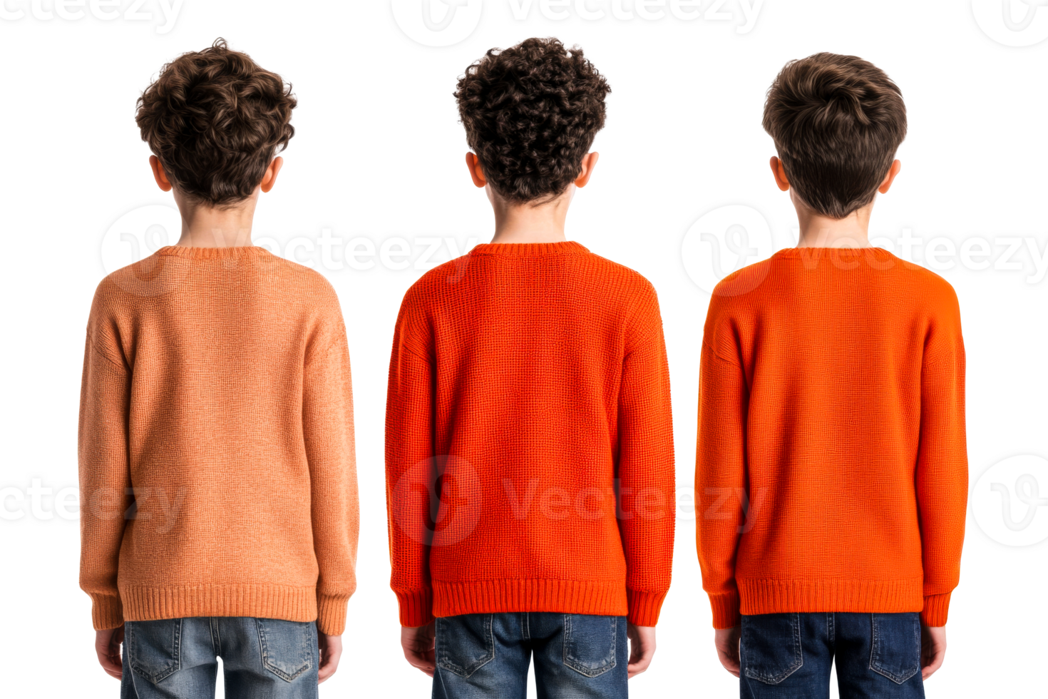 Three boys in autumn sweaters, isolated rear view, cut out transparent png