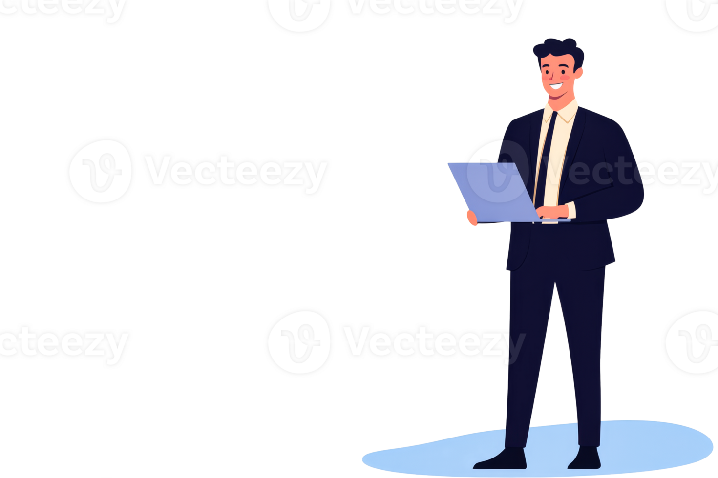 Businessman stands with laptop in office, cut out transparent png