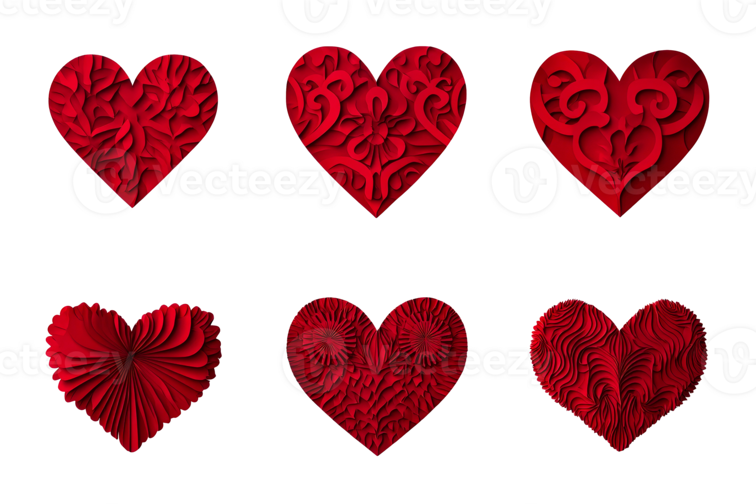 Six red hearts with textured patterns on black background, cut out transparent png