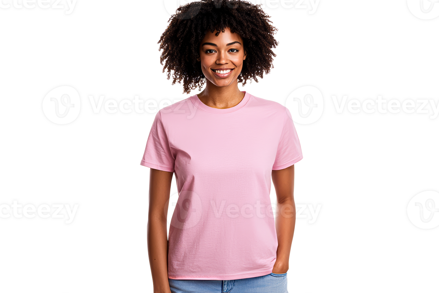 Woman with afro wearing pink t-shirt smiles warmly, cut out transparent png