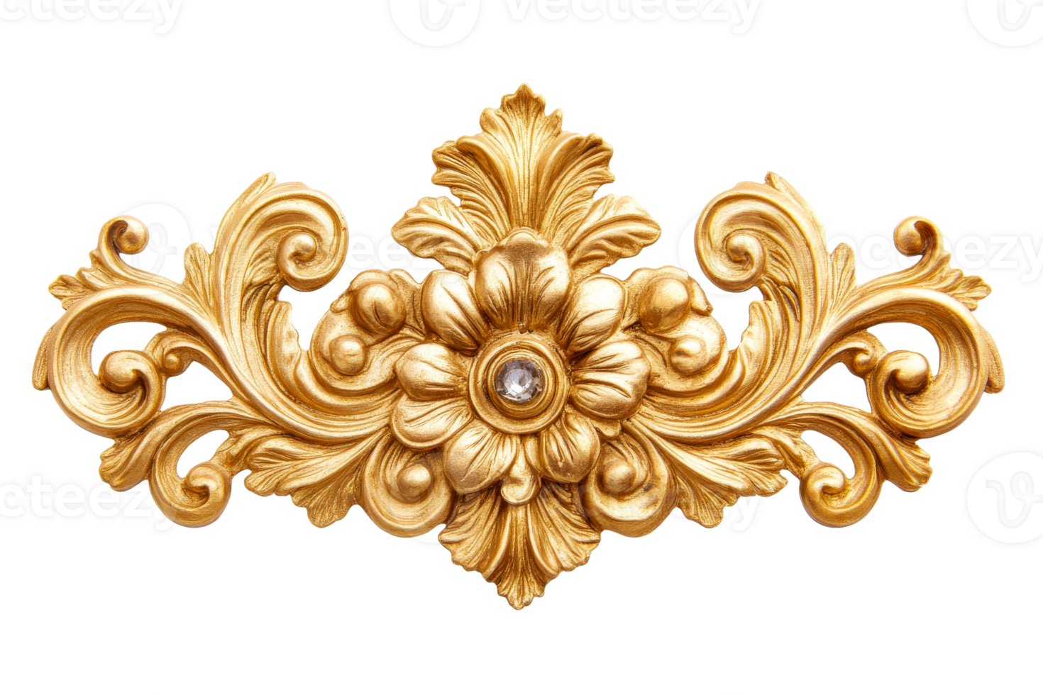 Intricate golden filigree ornament with crystal center, cut out transparent png