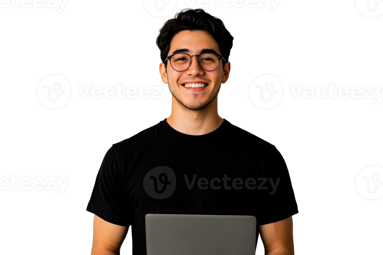 Man with glasses holding laptop and smiling, cut out transparent png