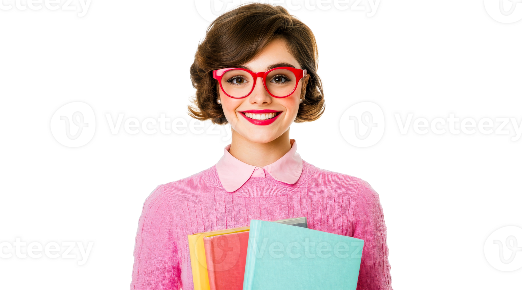 Nerd girl smiling holds books, isolated on black, cut out transparent png