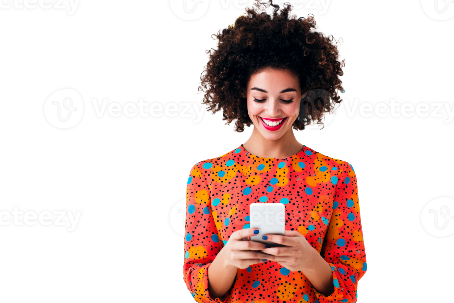 Stylish girl using phone, reading message, checking social media, cut out transparent png
