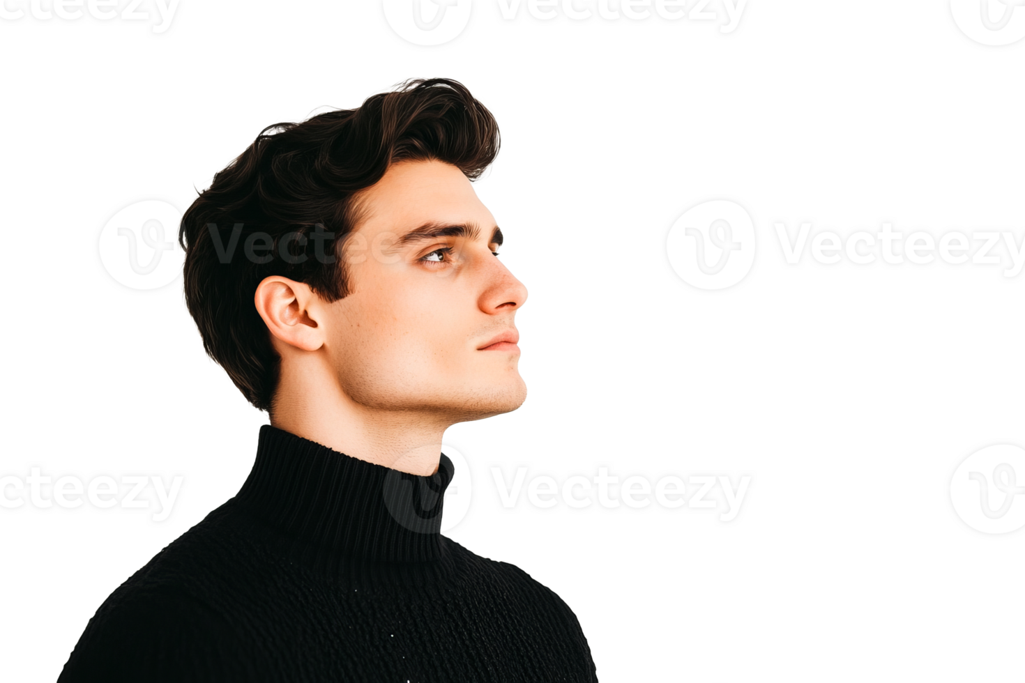 Attractive thoughtful guy looking up in black turtleneck, cut out transparent png