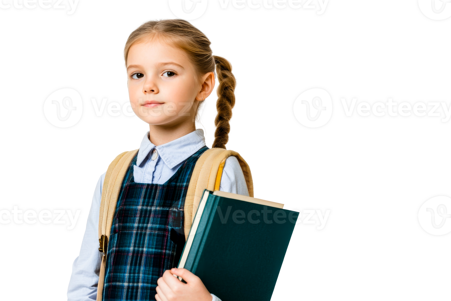 Schoolgirl with book in uniform, isolated on background, cut out transparent png