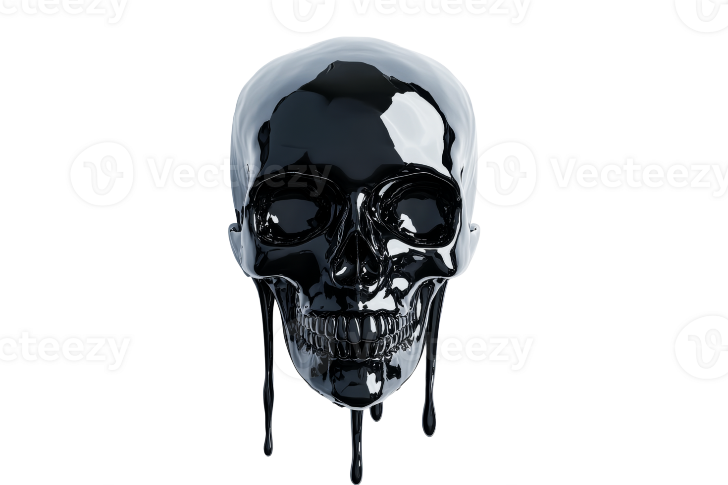 Glossy black skull drips on black background, cut out transparent png