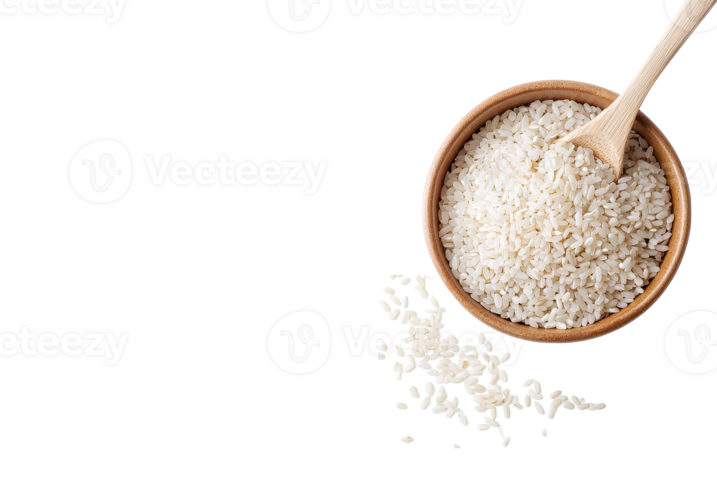 Rice bowl with wooden spoon, grains scattered around, cut out transparent png