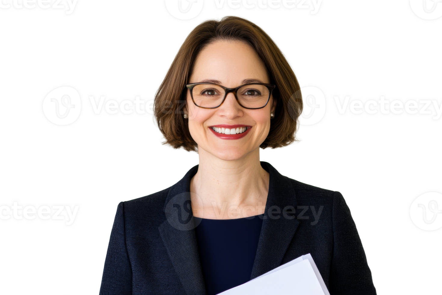 Confident businesswoman with papers, smiling at camera, cut out transparent png