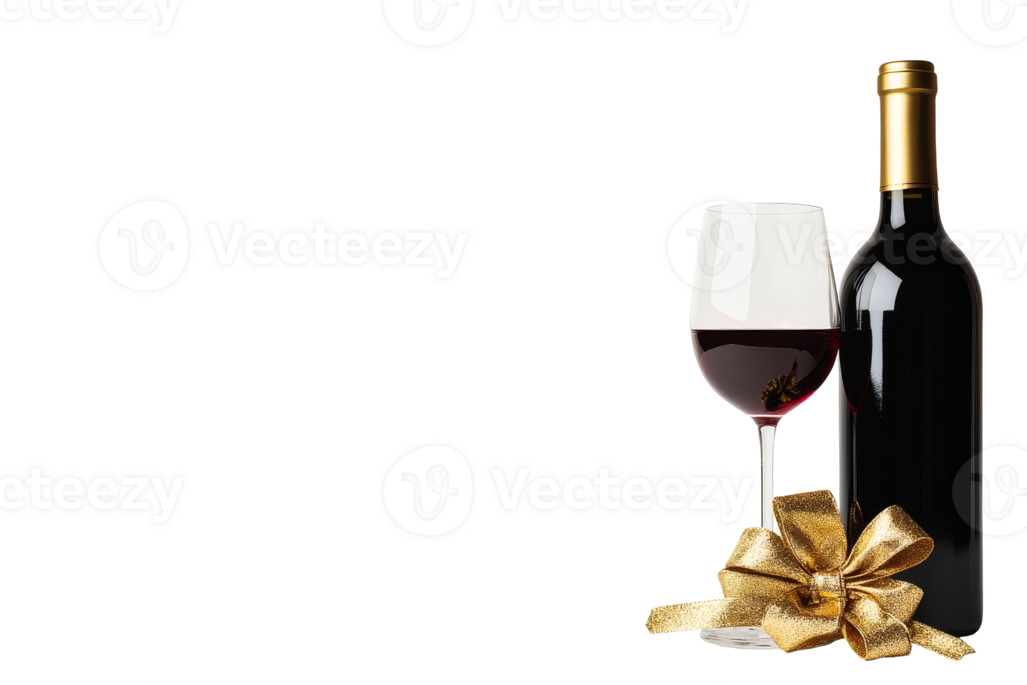 Wine bottle with glass, golden bow on black background, cut out transparent png