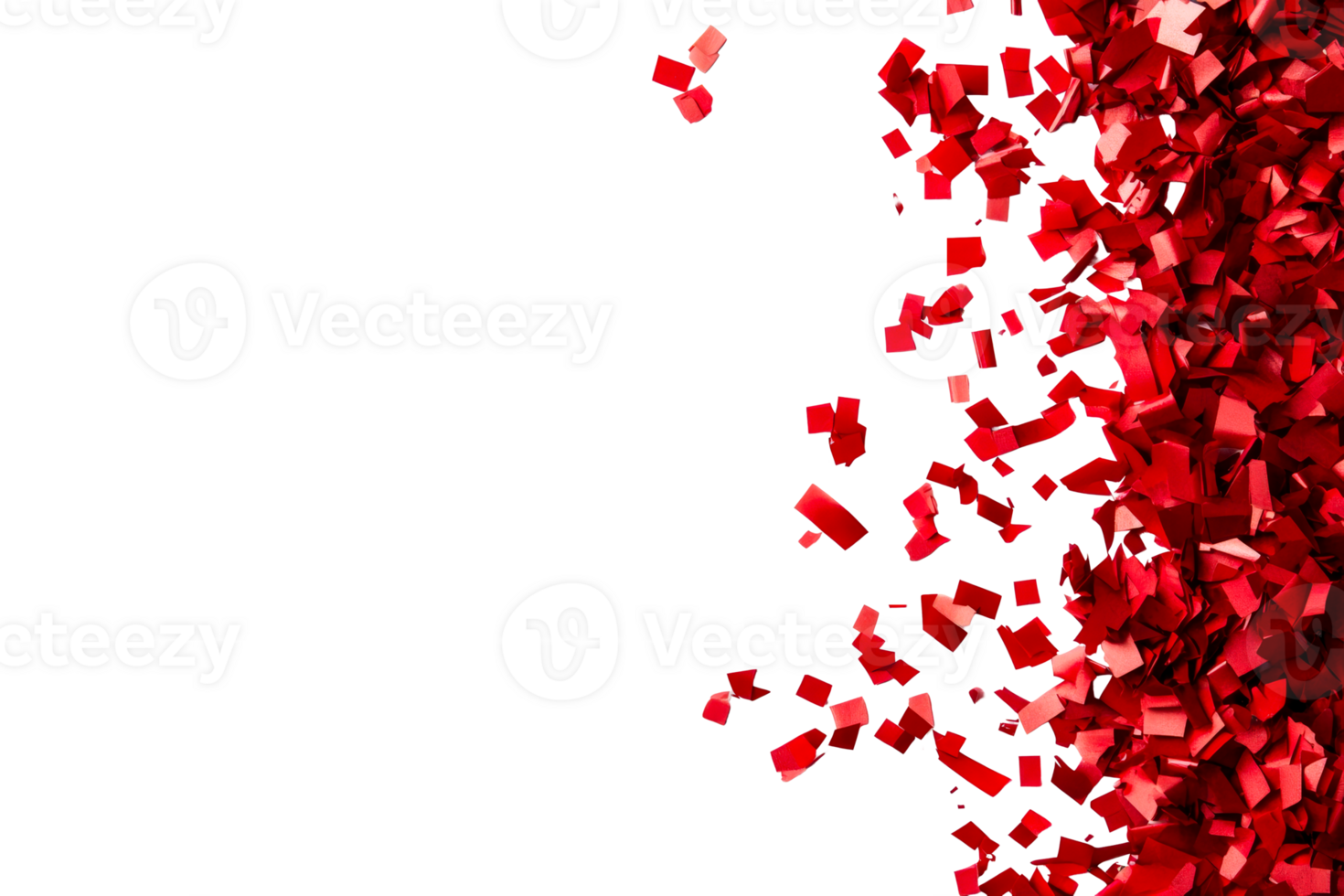 Red confetti explosion on the black background, cut out transparent png