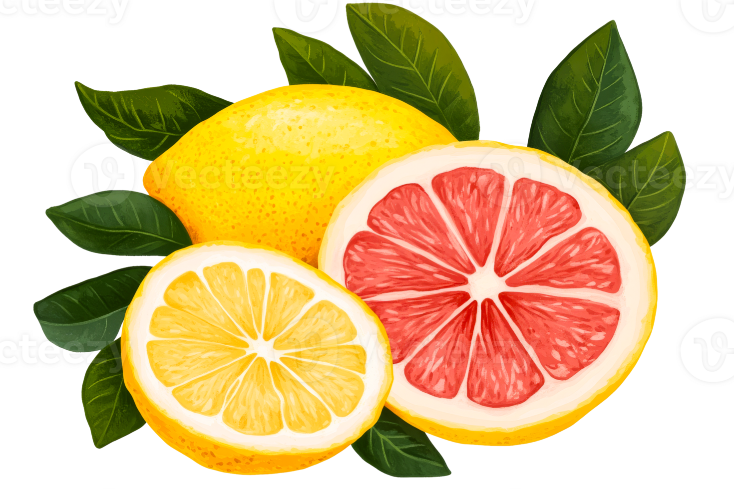 Colorful citrus fruits with leaves on transparent background png