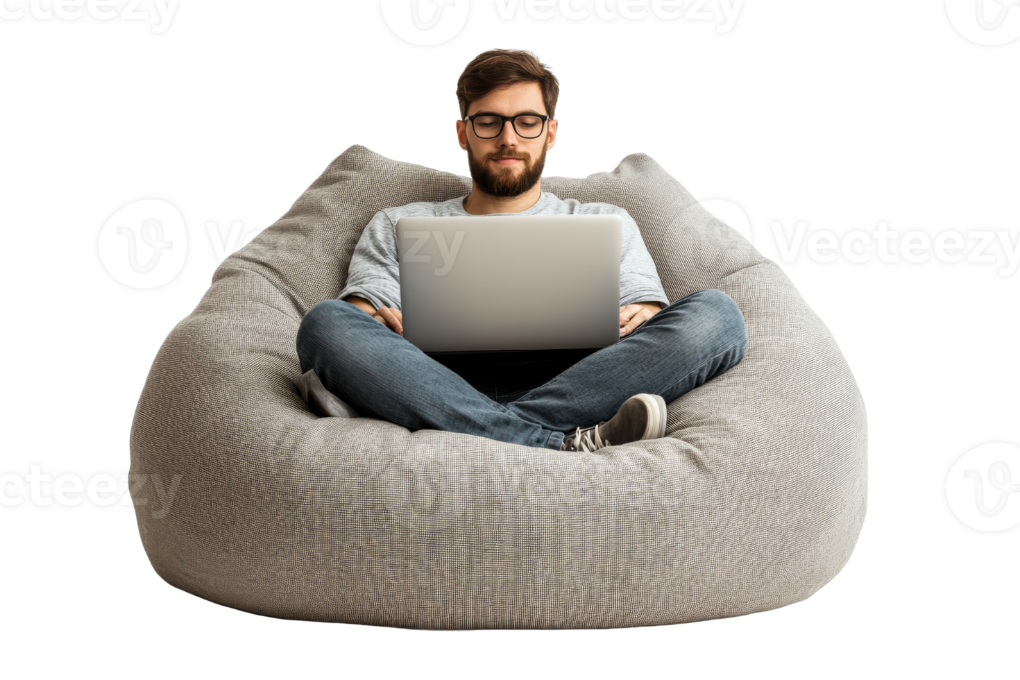 Man with laptop sitting in beanbag chair, working comfortably, cut out transparent png