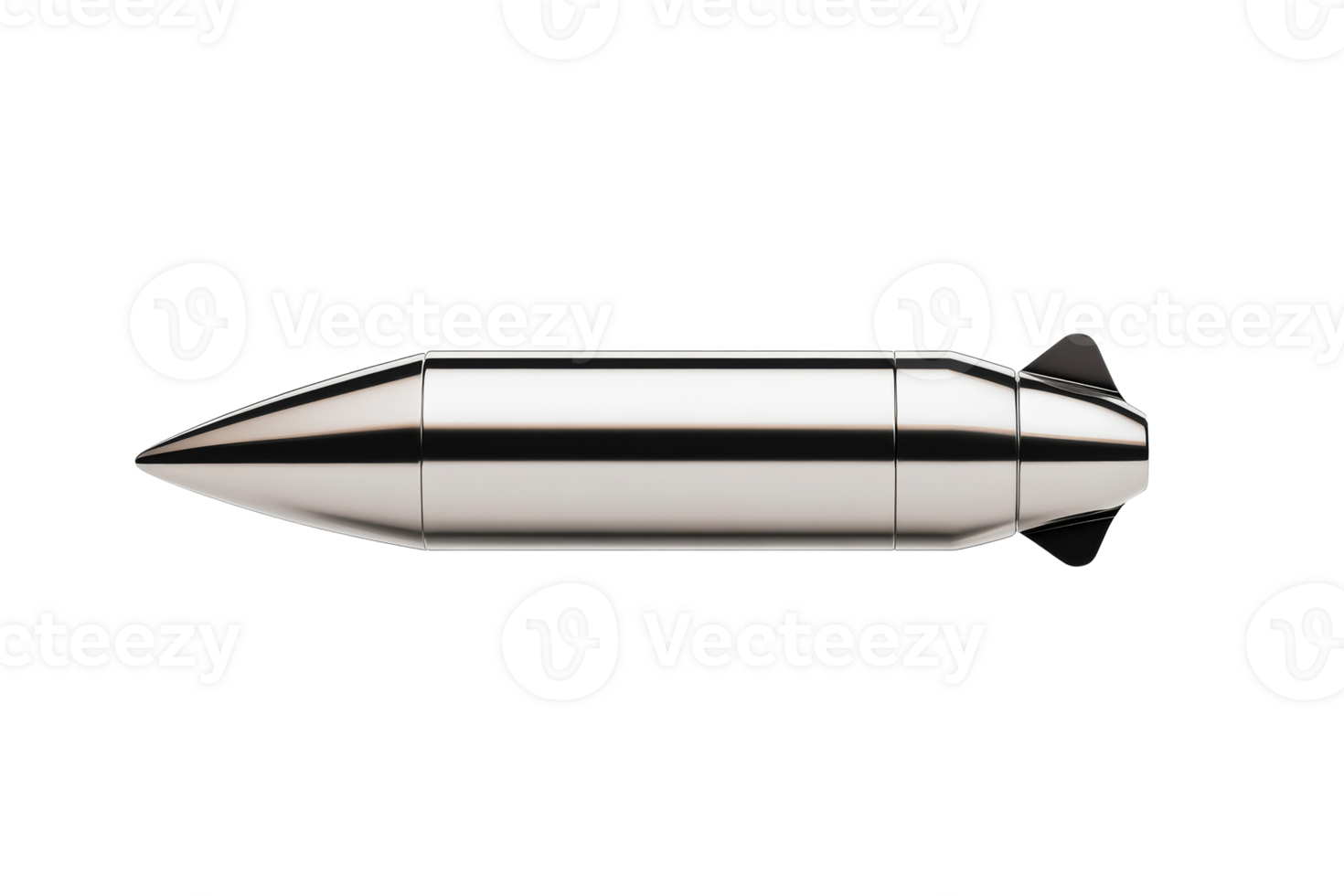 Shiny chrome missile on black background, cut out transparent png