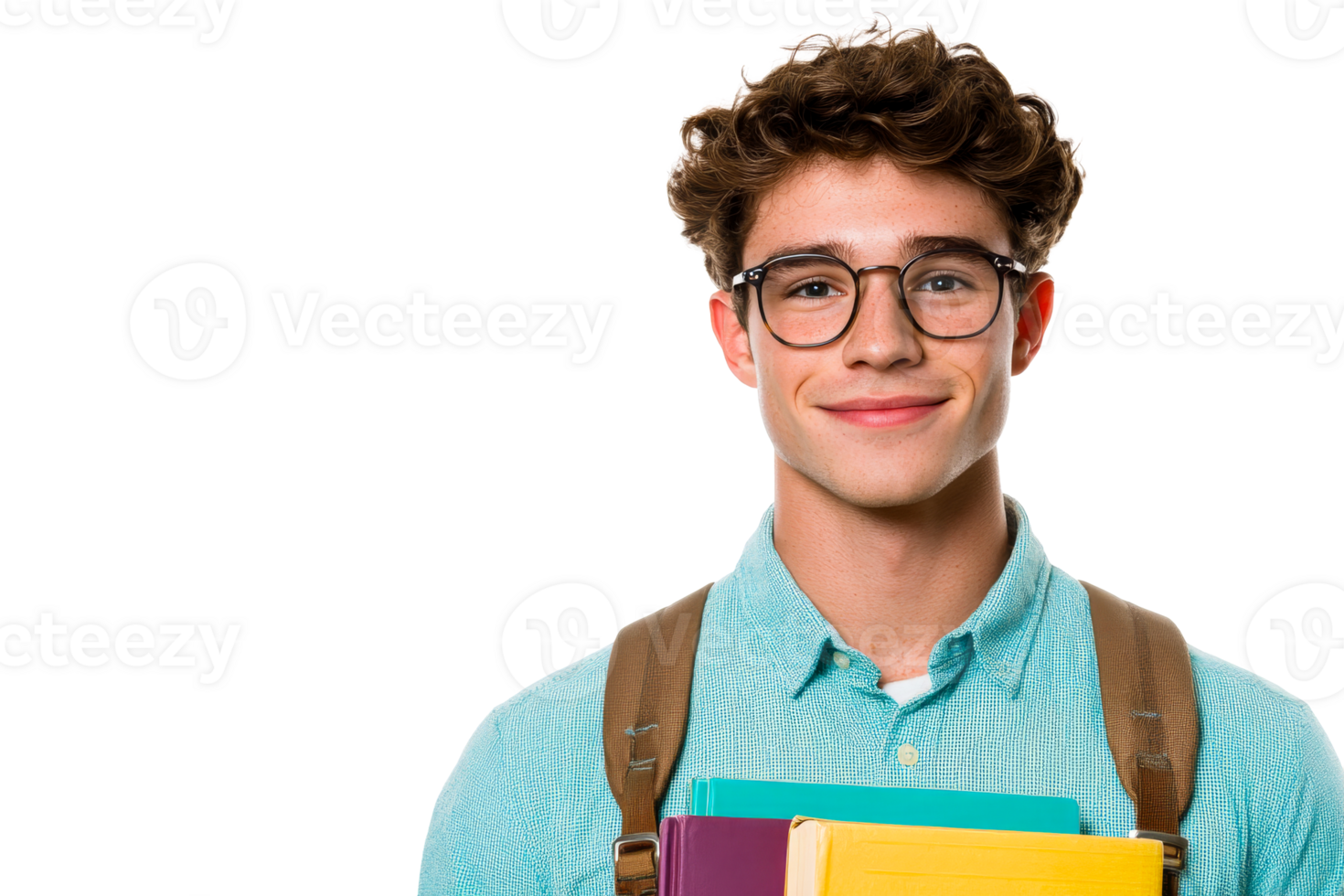Smiling student holding books, wearing glasses, cut out transparent png