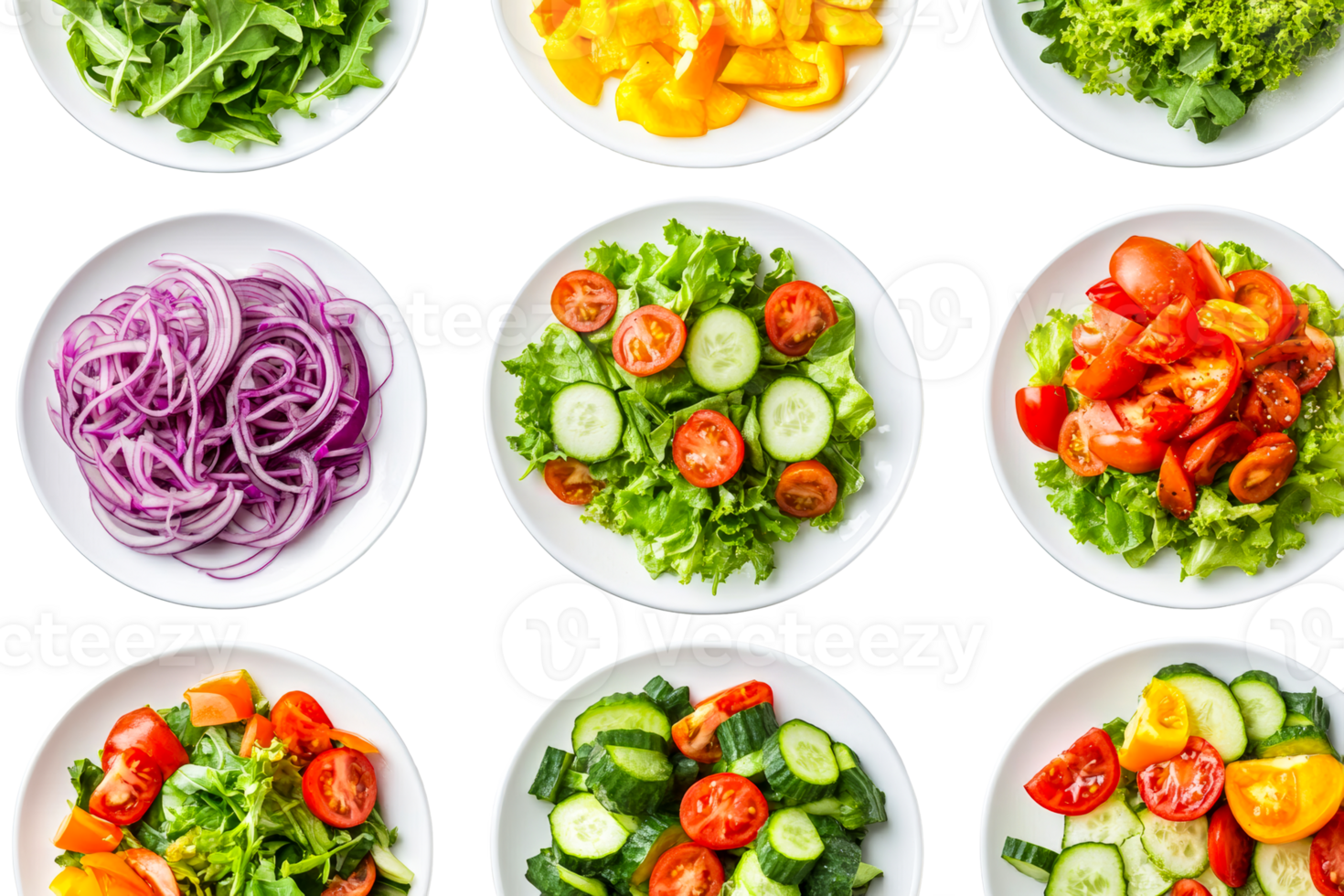 Fresh salads on white plates, top view shot, black background, cut out transparent png