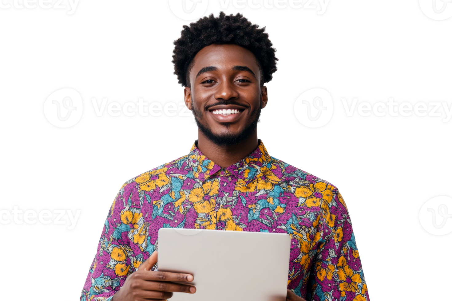 Smiling man in floral shirt holds digital tablet, cut out transparent png