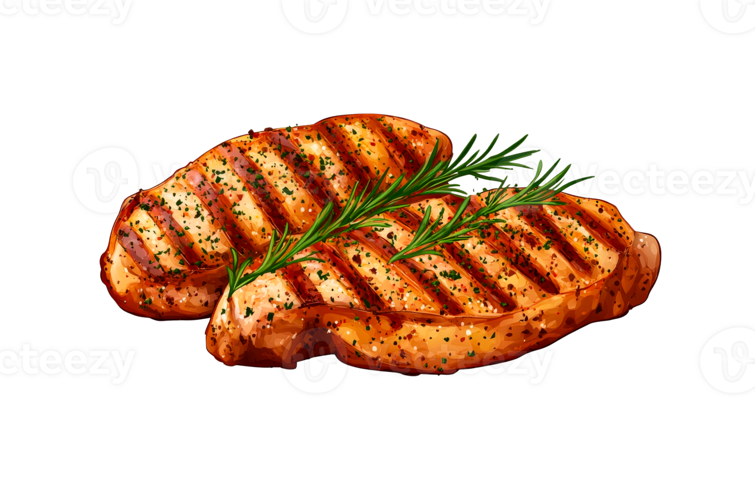 Grilled steaks with rosemary sprig, barbecue meat, cut out transparent png