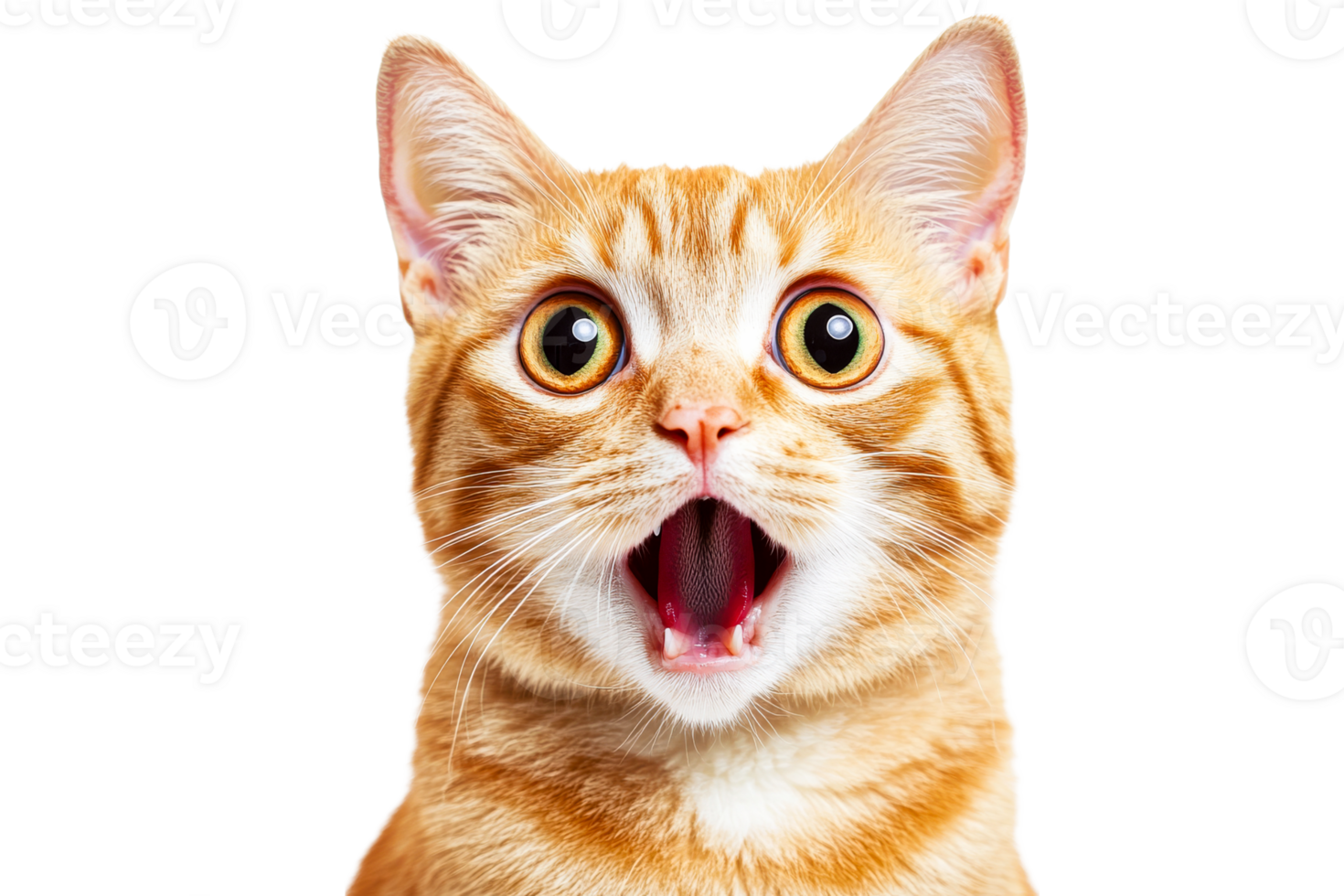Ginger cat portrait with surprised expression, mouth open, cut out transparent png