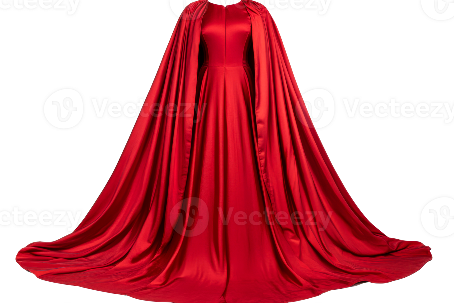 Elegant red cape dress, flowing train formal attire, cut out transparent png