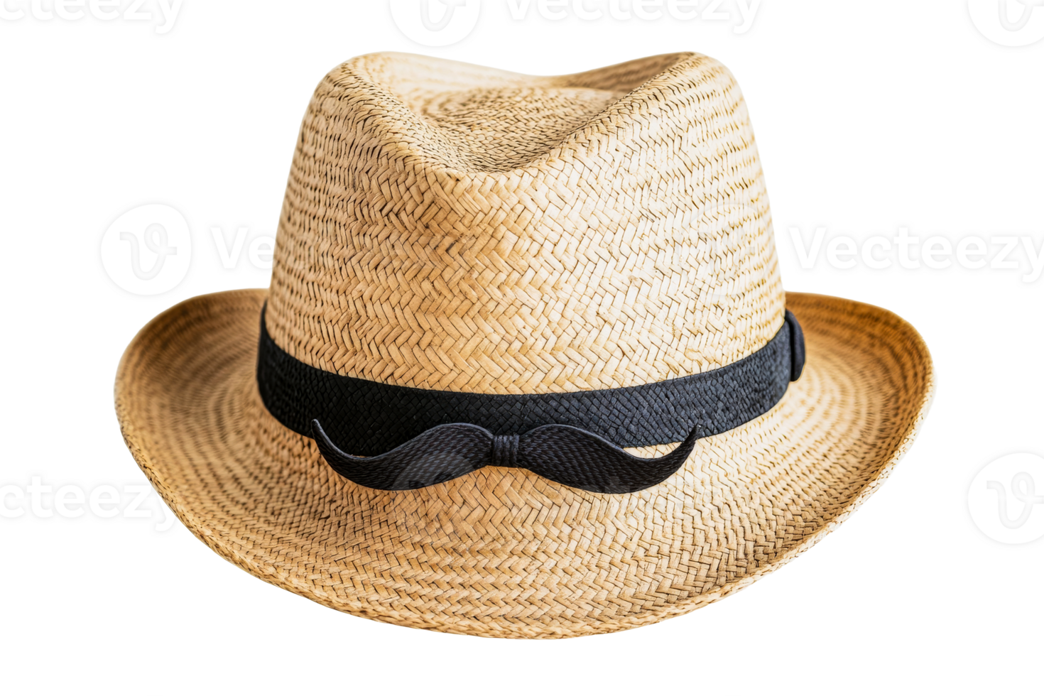 Straw hat with a moustache ribbon decoration, cut out transparent png