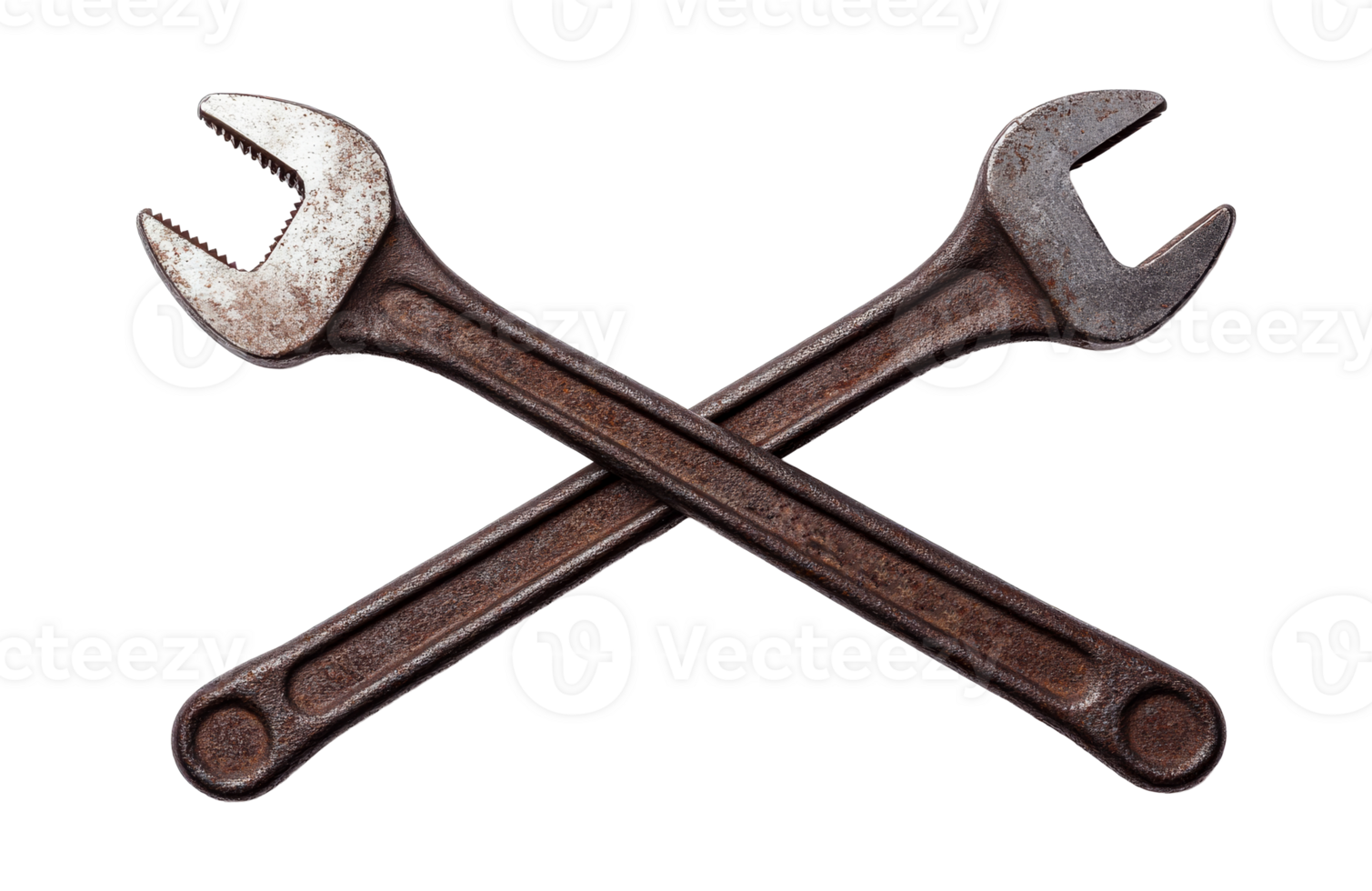 Crossed vintage rusty wrenches isolated on black background, cut out transparent png