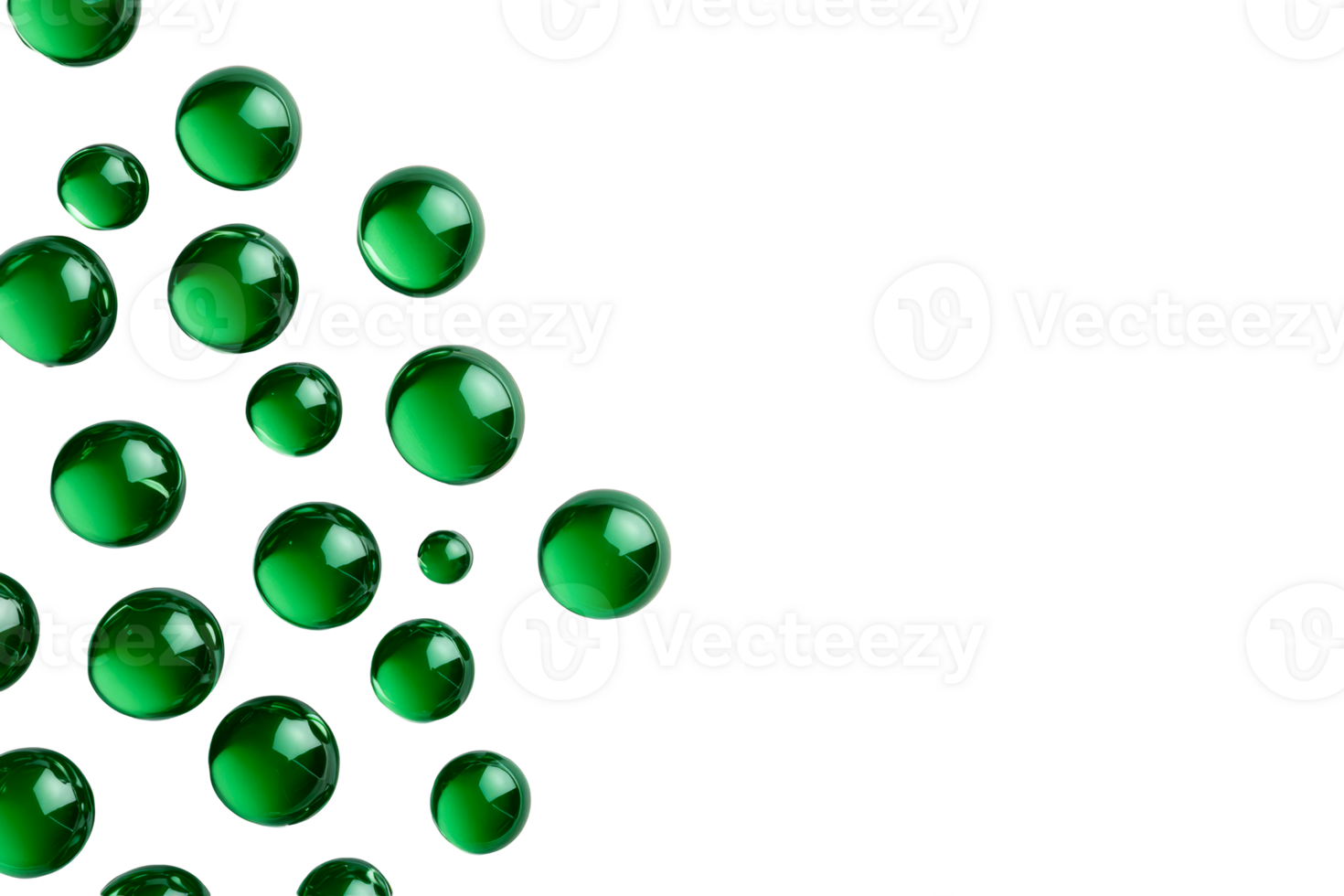 Green glass spheres on black background, cut out transparent png