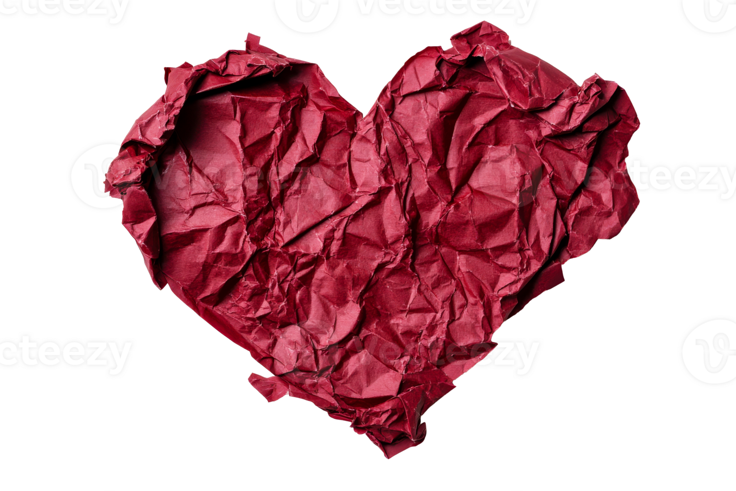 Crumpled red paper heart isolated on black, cut out transparent png